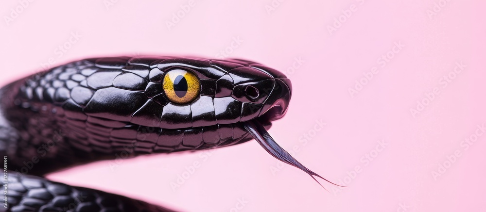 Fototapeta premium Black snake displaying forked tongue and closed yellow eye on soft pink background ideal for wildlife themes and empty copyspace for text