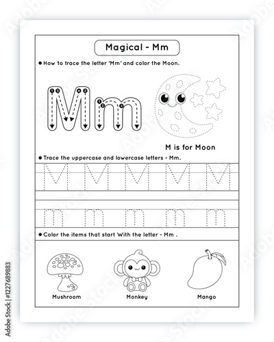 Letter M Tracing Worksheet with Monkey, Mango, Moon, Simple Line Art, Handwriting Practice