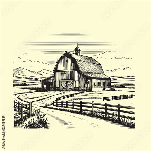 hand-drawn farm and ranch landscape photo