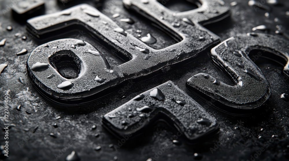 Close up view of metallic, dark gray numbers covered in water droplets on a dark textured surface. High contrast, macro photography style Close up view of metallic, dark gray numbers covered in water droplets on a dark textured surface. High contrast, macro photography style