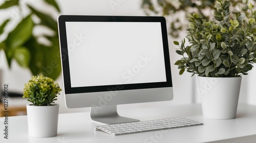 Mockup display of computer in office workspace. E commerce technology in corporate setting template advertising image. Pc display mock up on white desk product photorealistic