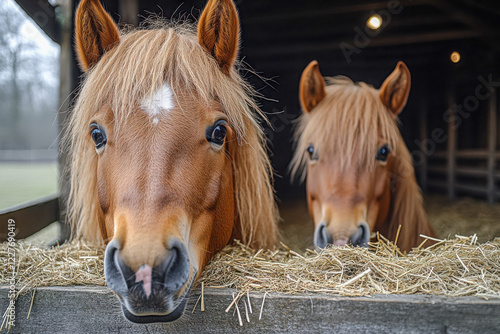 Two horses with long manes enjoying hay in a rustic stable during daylight hours photo