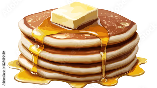 Close-up of fluffy pancakes with melting butter and syrup on a light background for food concept