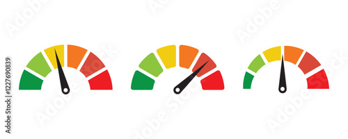 Speedometer icon set. low to high. Risk meter icon set. Credit score speedometer. Set of gauges from low to high. Vector illustration.