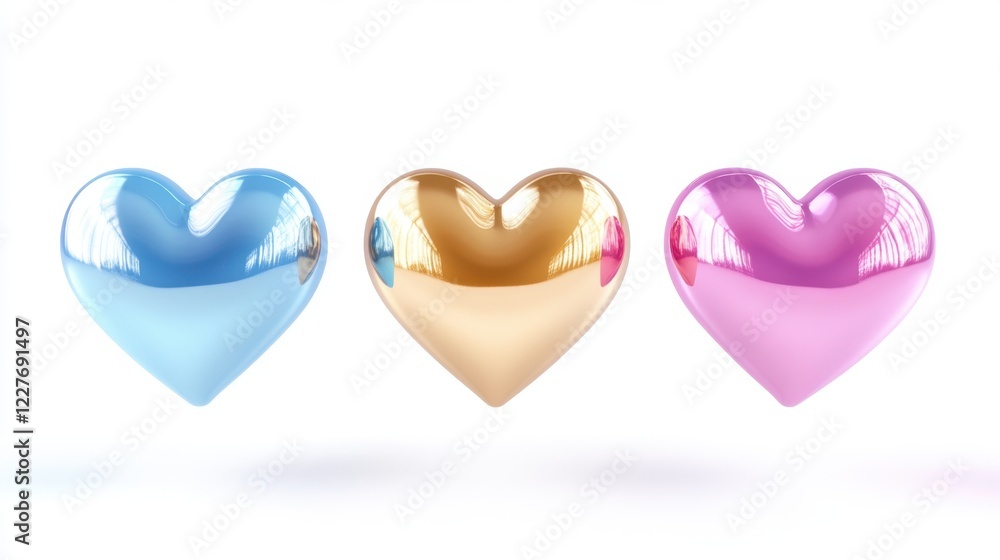 Three hearts are shown in different colors, with one being blue, one being pink Three hearts are shown in different colors, with one being blue, one being pink