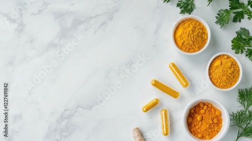 Organic curcumin capsules and powders arranged on a white ceramic background with fresh herbs for a natural health and wellness theme photo