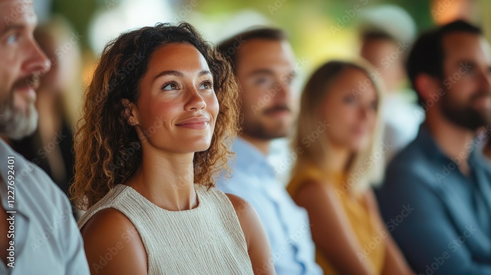 Obraz premium Guests engaged and attentive during a speech at a summer conference wearing smart casual attire in a relaxed outdoor setting.