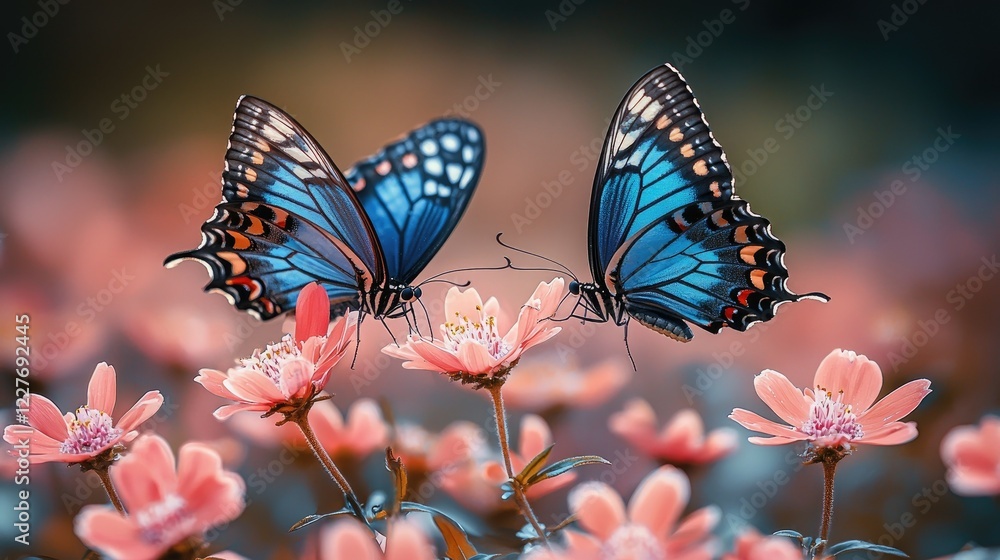 Two Blue Butterflies on Pink Flowers in a Garden Two Blue Butterflies on Pink Flowers in a Garden