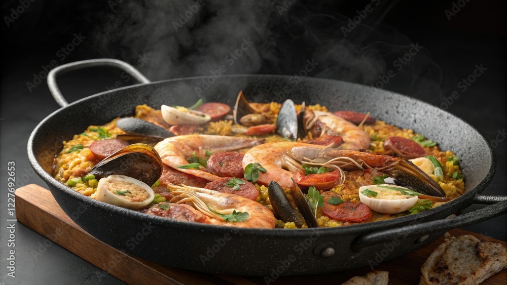 Seafood paella with shrimp mussels clams and chorizo cooked in a large cast-iron skillet, clams, hearty meal Seafood paella with shrimp mussels clams and chorizo cooked in a large cast-iron skillet, clams, hearty meal