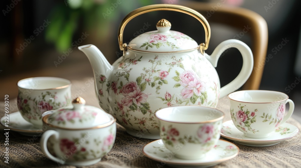 Fototapeta premium Vintage porcelain tea set featuring an ornate teapot and delicate floral patterned cups perfect for elegant gatherings and formal occasions