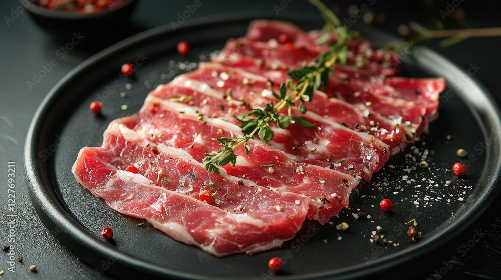 Organic Raw Beef Loin Slices Seasoned with Fresh Herbs and Spices on a Round Black Plate Organic Raw Beef Loin Slices Seasoned with Fresh Herbs and Spices on a Round Black Plate