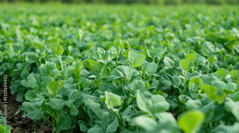 Lush green crop field showcasing healthy growth in an organic farm during summer highlighting sustainable agriculture practices. Lush green crop field showcasing healthy growth in an organic farm during summer highlighting sustainable agriculture practices.