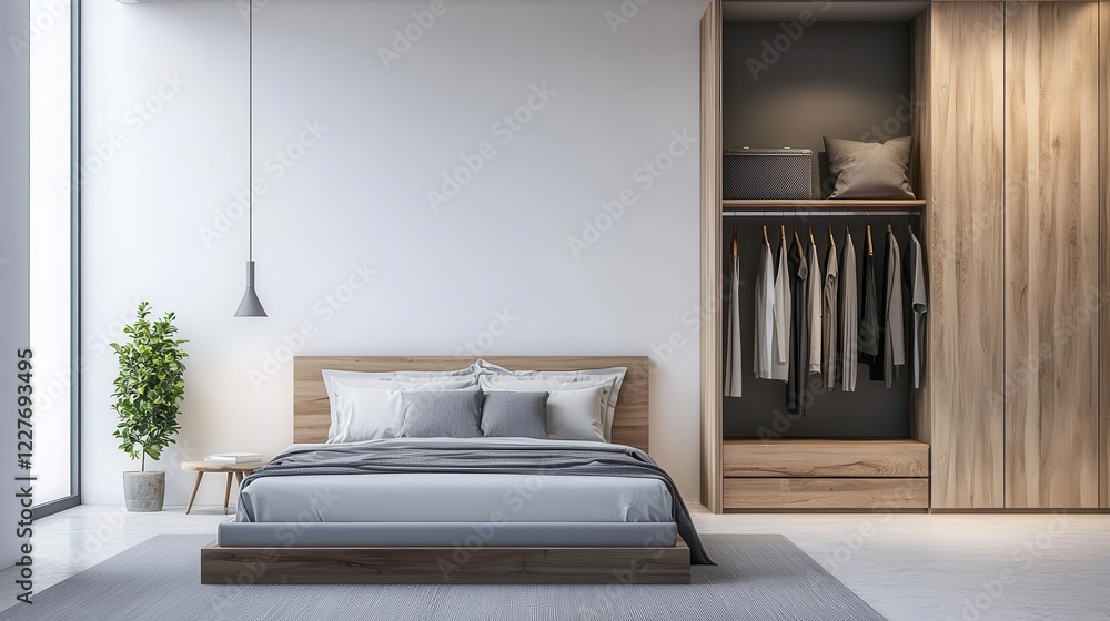 Fototapeta premium Minimalist bedroom with builtin wardrobes, a Murphy bed, and recessed lighting, spaceefficient design
