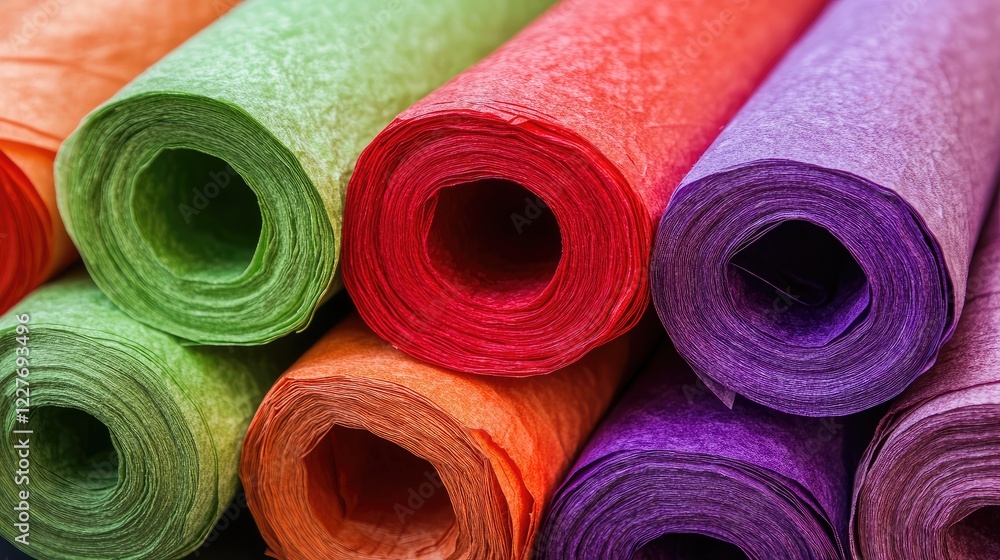 Colorful rolls of crepe paper in green red orange purple arranged in a visually appealing pattern isolated on a dark background. Colorful rolls of crepe paper in green red orange purple arranged in a visually appealing pattern isolated on a dark background.