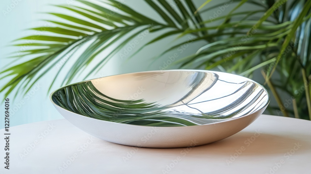 Tropical Botanical Still Life featuring a Reflective Bowl and Lush Greenery on a Soft Light Background Tropical Botanical Still Life featuring a Reflective Bowl and Lush Greenery on a Soft Light Background