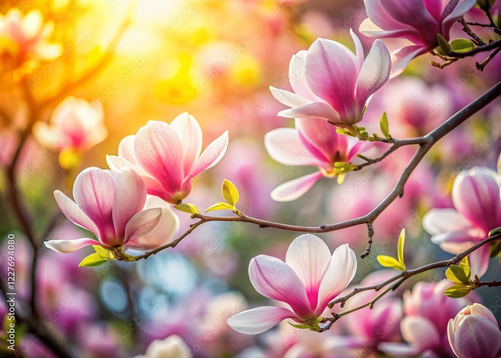 Blooming Magnolia Tree Branch, Delicate Pink Flowers, Spring Blossom, Selective Focus, Copy Space Blooming Magnolia Tree Branch, Delicate Pink Flowers, Spring Blossom, Selective Focus, Copy Space