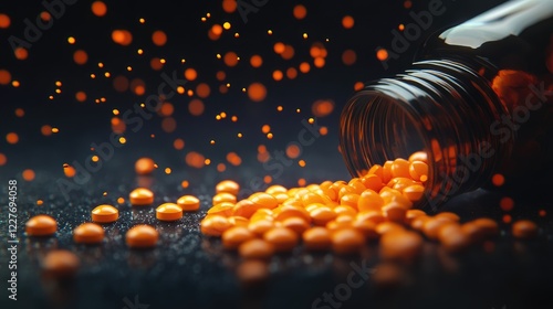 Spilled orange pills from dark glass bottle on laboratory table with blurred bokeh background creating a dramatic and vibrant scene photo