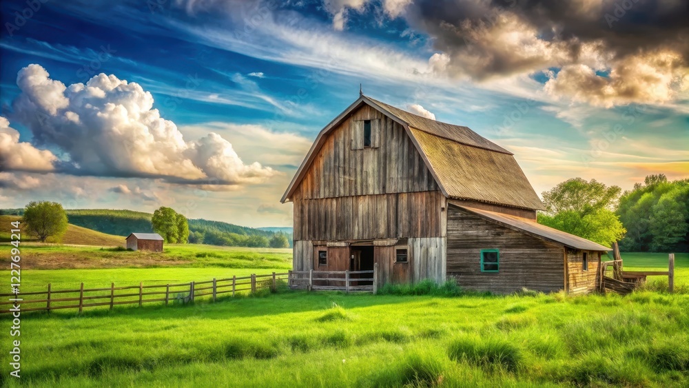 Rustic farm scene with old wooden barn and green pastures, countryside, rural, countryside, rural, hay, landscape Rustic farm scene with old wooden barn and green pastures, countryside, rural, countryside, rural, hay, landscape