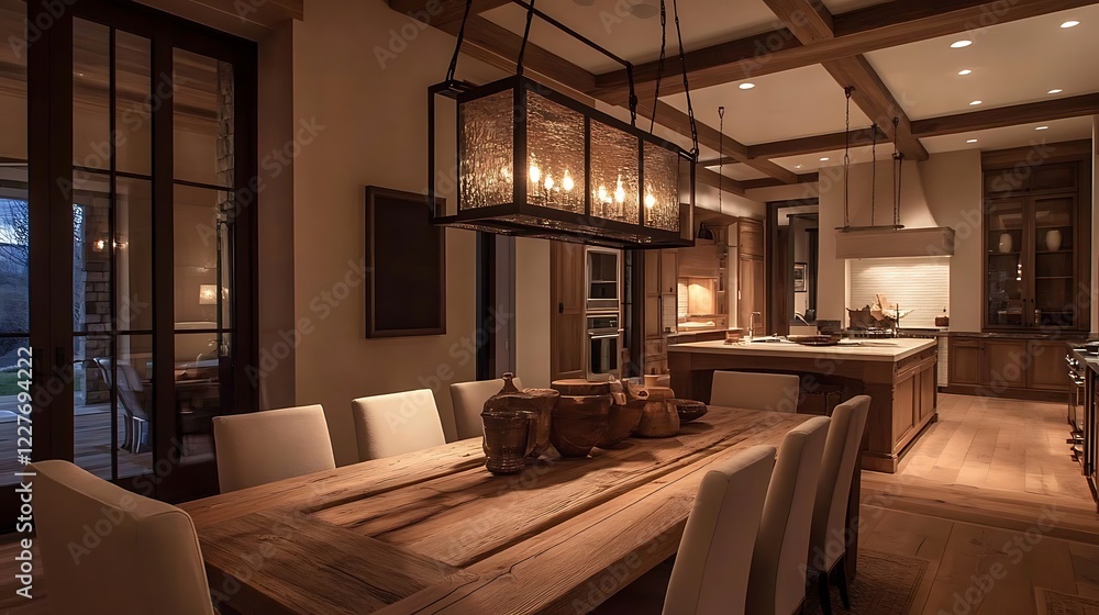 Fototapeta premium A warm and inviting dining area with a rustic wooden table, pendant lighting, and neutral tones creating an elegant atmosphere