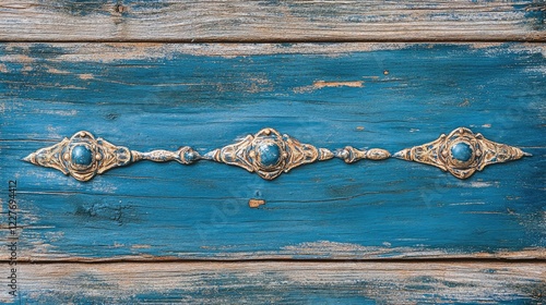 Weathered Blue Wooden Wall with Decorative Elements and Copy Space for Text Placement Ideal for Rustic and Vintage Backgrounds photo