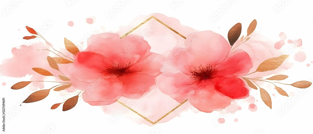 Obraz premium Watercolor floral frame, pink blooms, gold accents, white background, wedding invite