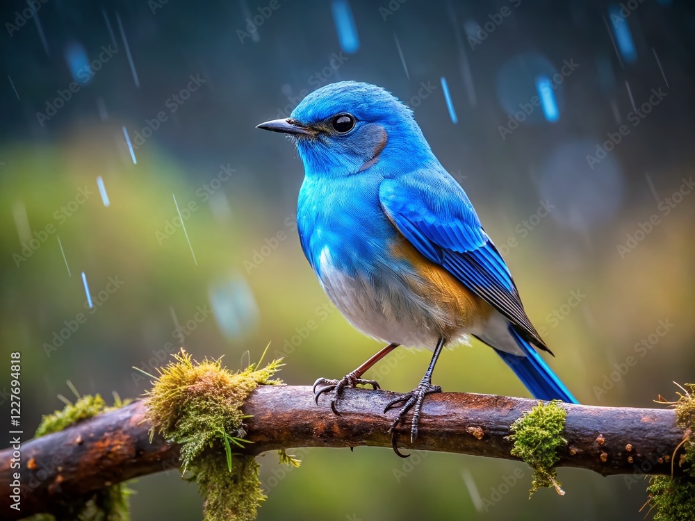 Fototapeta premium Blue Bird Rain Branch Bokeh Photography - Nature Wildlife Stock Image