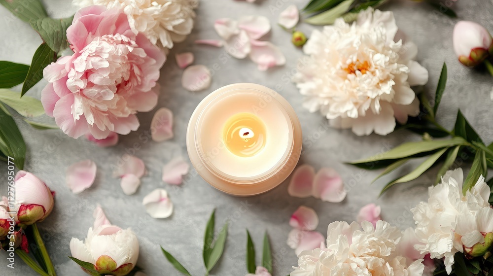Organic Cosmetics with Peonies and a Candle in a Serene Natural Setting Organic Cosmetics with Peonies and a Candle in a Serene Natural Setting