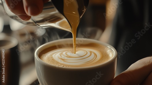 Latte art coffee, barista pouring steamed milk into espresso creating beautiful latte art, concept for coffee shop branding, menu design, and cafe advertising photo