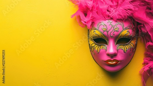 Wallpaper Mural Vibrant Pink Masquerade Mask with Feathers Against Bright Yellow Background for Festive Celebrations or Costume Design Themes Torontodigital.ca