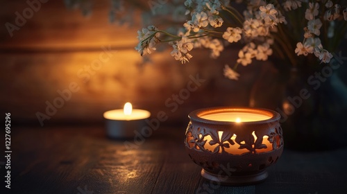 Aromatic oil lamp with Dutch floral design casting warm glow on rustic wooden table with flowers and candle creating a serene ambiance