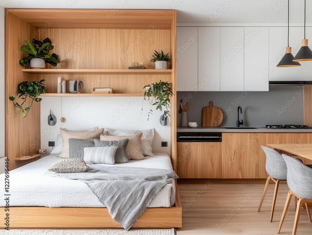 Fototapeta premium Studio apartment with a retractable divider, modular bed, and compact storage furniture for smart living