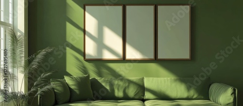 Green sofa by window in mid-century modern minimalist living room with blank poster frames and natural light creating a serene atmosphere