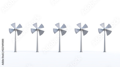 Five metal wind turbines on white background, renewable energy concept photo