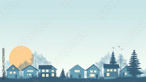 Real Estate Landscape Illustration with Homes and Sunlight Ideal for Construction Advertising and Marketing Materials photo