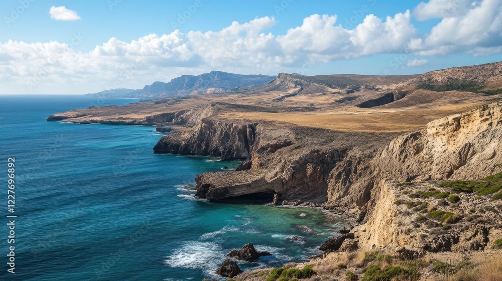Rugged coastline with arid landscape and clear waters showcasing dramatic cliffs under a bright sky in a rural fantasy setting Rugged coastline with arid landscape and clear waters showcasing dramatic cliffs under a bright sky in a rural fantasy setting