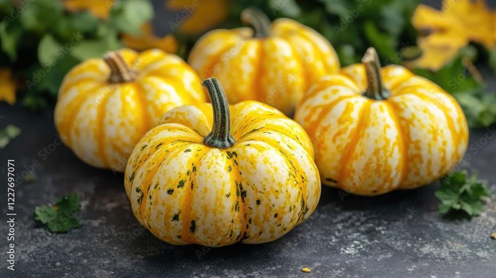 Vibrant striped pumpkins on a desk surrounded by autumn leaves perfect for Halloween and Thanksgiving seasonal decor Vibrant striped pumpkins on a desk surrounded by autumn leaves perfect for Halloween and Thanksgiving seasonal decor