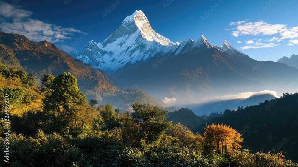 Majestic mountain landscape with snow capped peaks and vibrant autumn foliage under a clear blue sky in the early morning light. Majestic mountain landscape with snow capped peaks and vibrant autumn foliage under a clear blue sky in the early morning light.