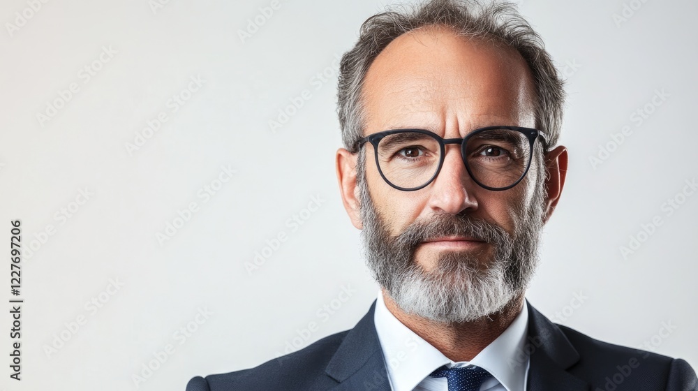 Professional portrait of a middle aged businessman with glasses and a beard wearing a suit against a neutral background. Professional portrait of a middle aged businessman with glasses and a beard wearing a suit against a neutral background.