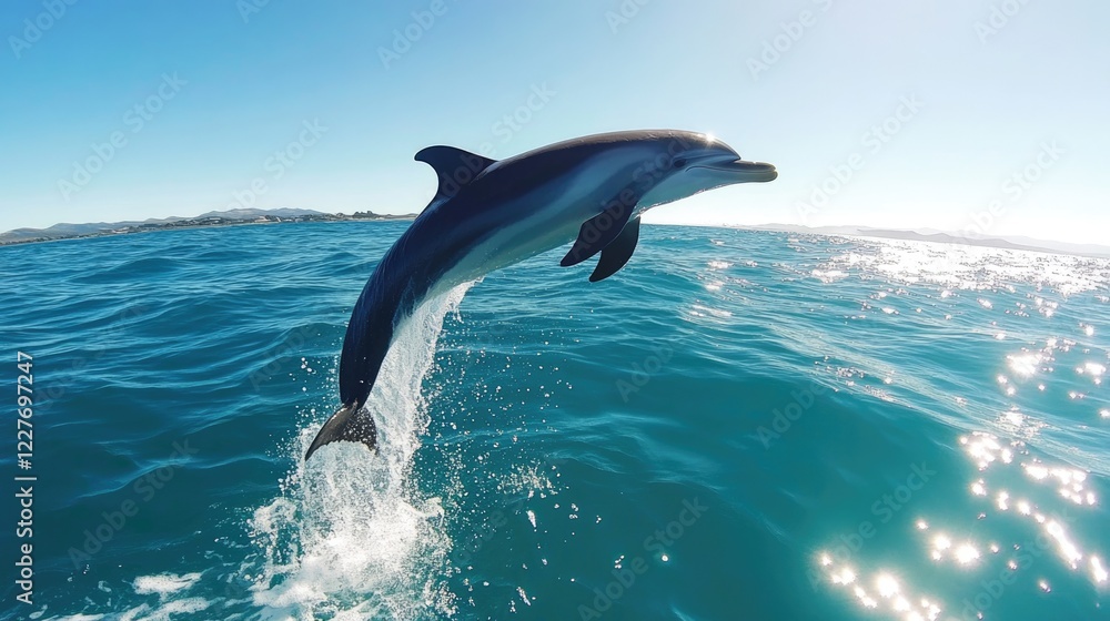 Fototapeta premium Dolphin leaping joyfully above sunlit blue ocean waves showcasing vibrant sea life in motion.