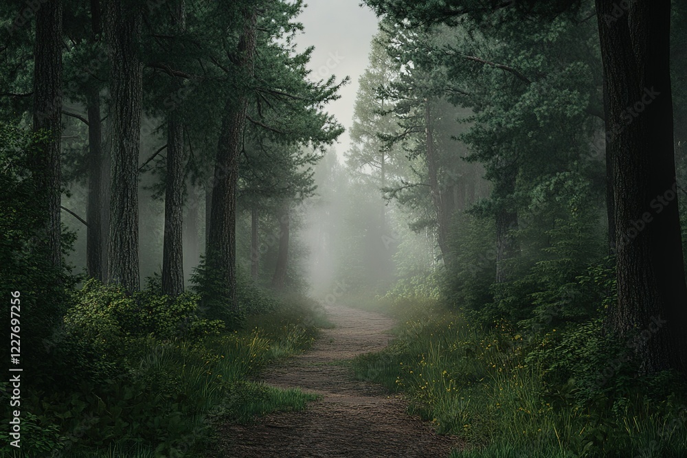 Fototapeta premium Misty forest path leading into the woods