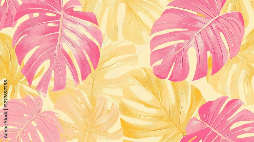 Naklejka premium Tropical Monstera Palm Leaves in Pink and Yellow Wallpaper Pattern for Vibrant Interior Decor