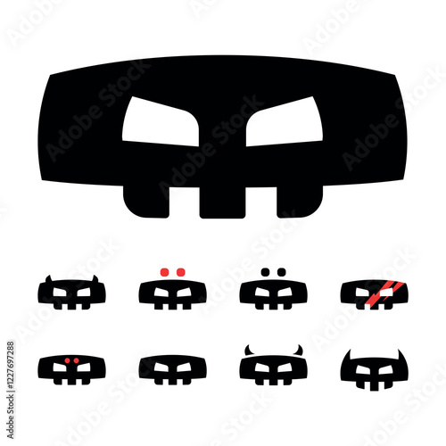 Black minimalist skull mask with variations, symbolizing anonymity, secrecy, and cyber warfare. A dark and mysterious icon perfect for hacking, anonymity, underground culture, and digital security the