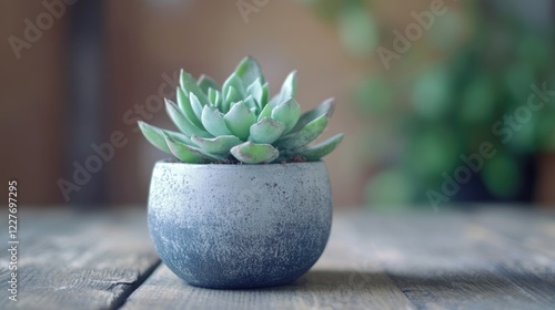 Stylish potted succulent plant on rustic wooden table in natural light for home decor inspiration and interior design aesthetics