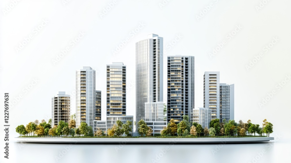 Modern urban skyline with high-rise buildings and green landscaping reflecting contemporary real estate development on a white backdrop. Modern urban skyline with high-rise buildings and green landscaping reflecting contemporary real estate development on a white backdrop.