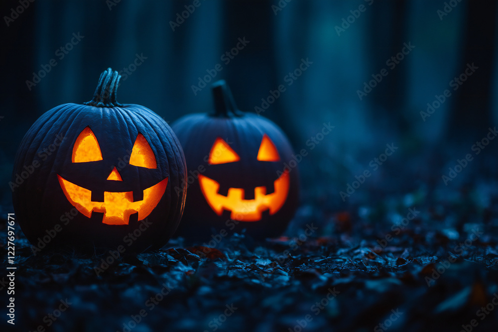 Spooky Halloween Gift Box with Glowing Jack-o'-Lanterns and Eerie Atmosphere Surrounded by Pumpkins and Autumn Leaves in a Mystical Night Scene Spooky Halloween Gift Box with Glowing Jack-o'-Lanterns and Eerie Atmosphere Surrounded by Pumpkins and Autumn Leaves in a Mystical Night Scene