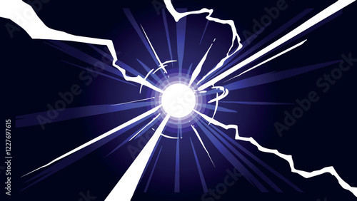 Bright electric energy burst with lightning cracks and glowing white center on a dark background. A powerful visual for electricity, power, and dynamic energy