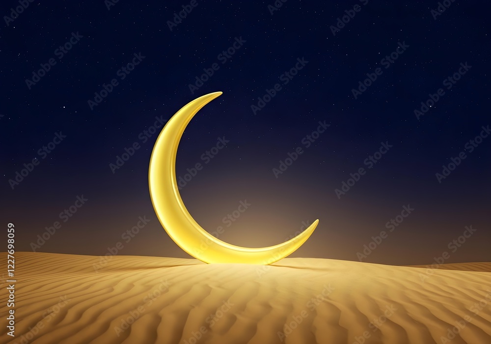 Fototapeta premium Golden crescent moon glowing on desert dunes.