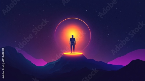 Figure on Glowing Pedestal in Cosmic Setting