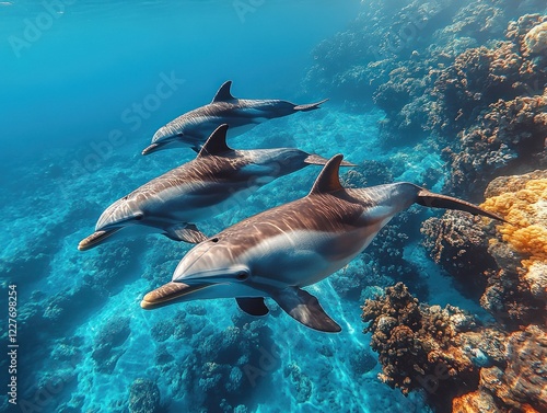 Three Dolphins Swimming Gracefully Through the Clear Turquoise Ocean Waters near Coral Reef photo