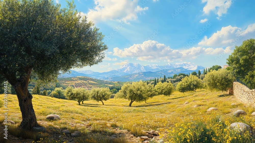 Scenic Olive Grove Landscape with Mountains and Blue Sky Ideal for Organic Olive Oil Promotion and Nature Themes Scenic Olive Grove Landscape with Mountains and Blue Sky Ideal for Organic Olive Oil Promotion and Nature Themes